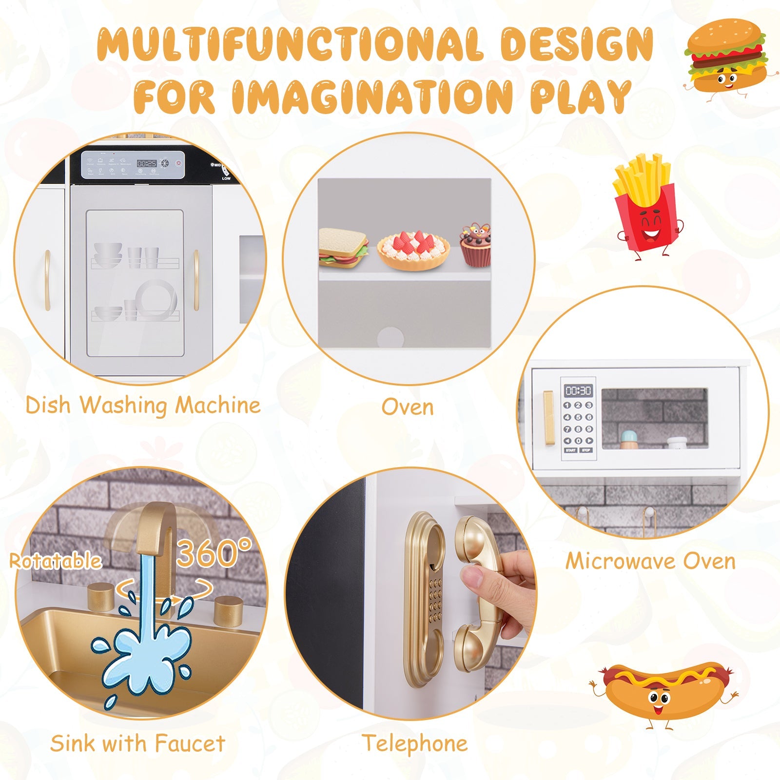Pretend Play Kitchen with Utensils for Kids Aged 3+-White