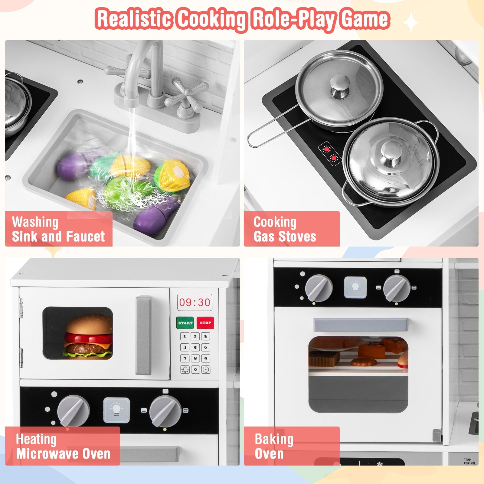 Pretend Play Kitchen Wooden Toy Set Kitchen Accessory Playset with Real Lights Sounds-White