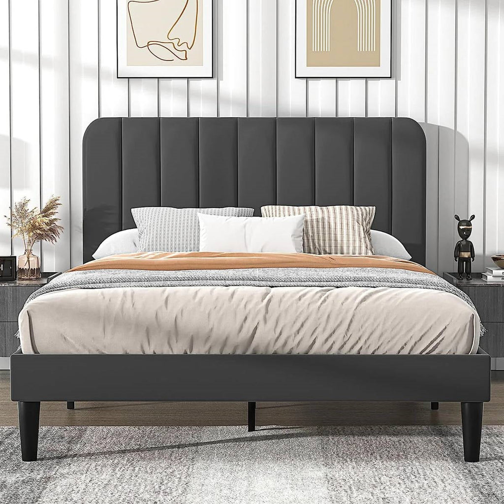 Queen size Dark Grey Upholstered Platform Bed Frame with Headboard