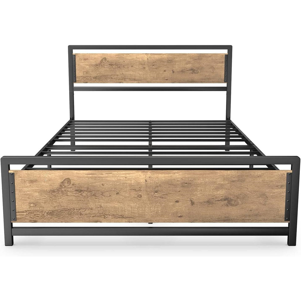 Queen Modern Metal Wood Industrial Platform Bed Frame with Headboard Footboard