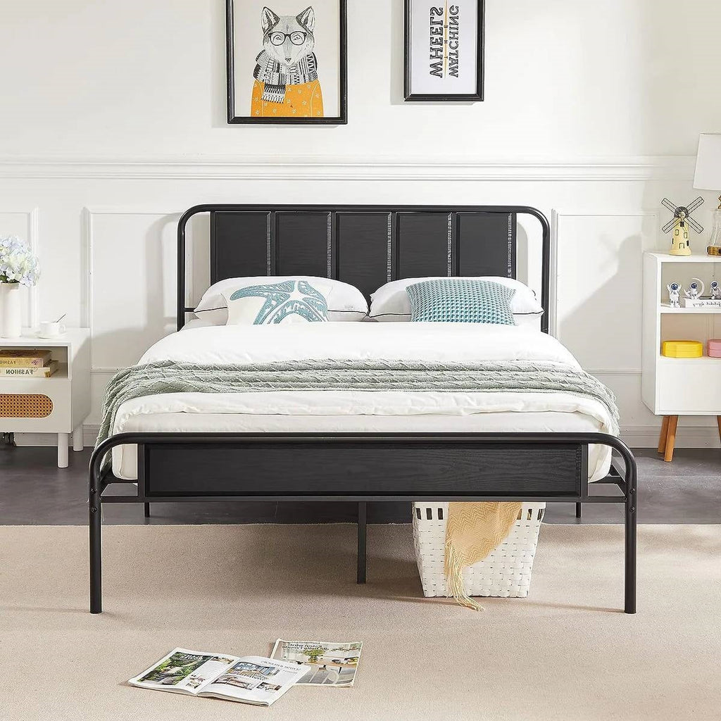 Queen size Black Wood Metal Platform Bed Frame with Rounded Headboard Footboard
