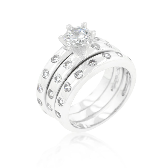 Avera Floral Bezel Set Engagement Ring Set in Silver Tone