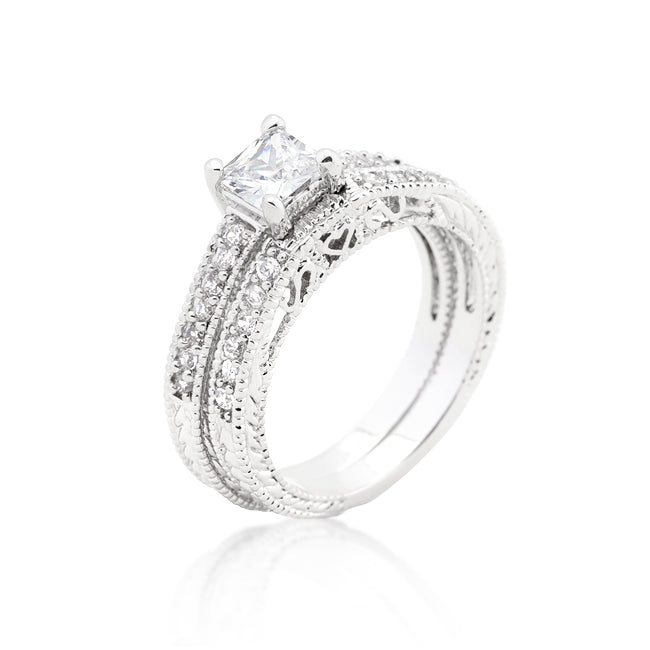 Avera Princess Cut Filigree Bridal Ring Set in Sterling Silver