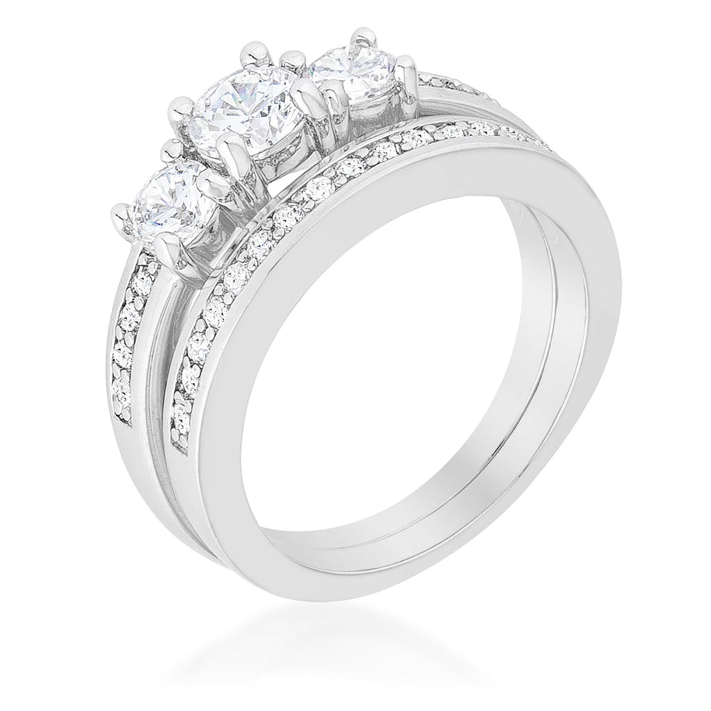 Avera Three Stone Wedding Ring Set In Radiant Silver