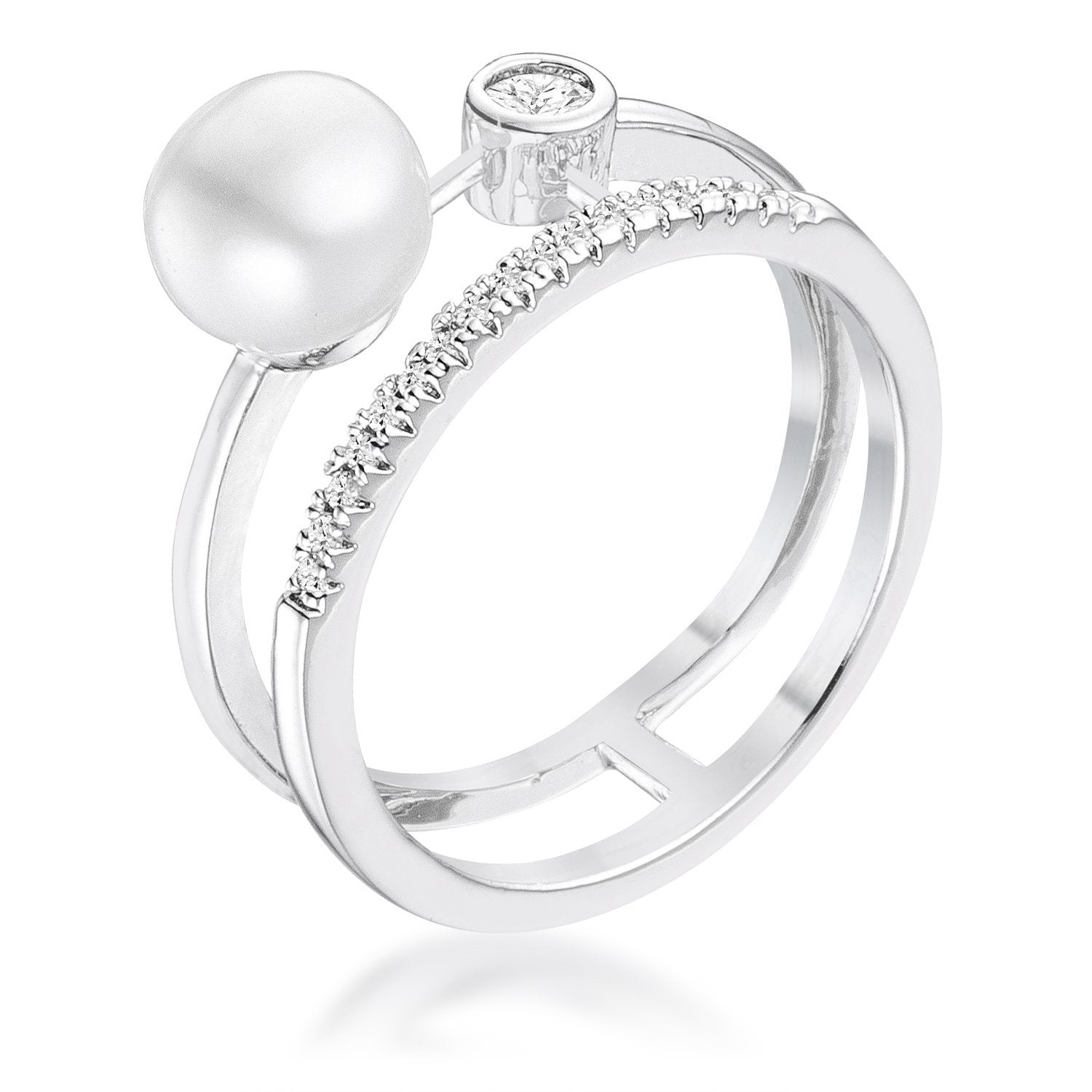 Avera .15Ct Plated Cz And Freshwater Pearl Contemporary Double Band Ring