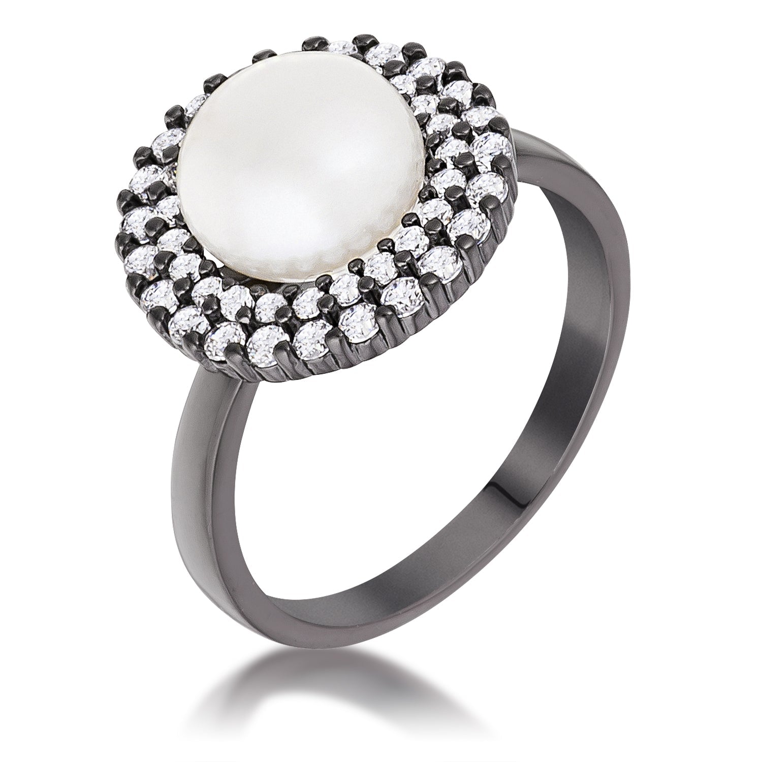 Avera Hematite Double Halo Ethereal Pearl Cocktail Ring