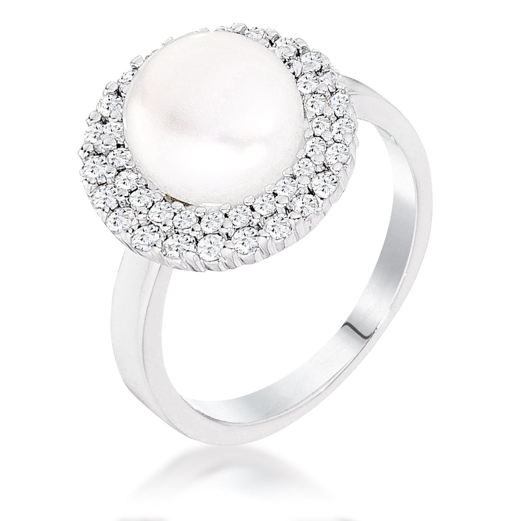 Avera Ethereal Pearl Double Halo Cocktail Ring in Silver