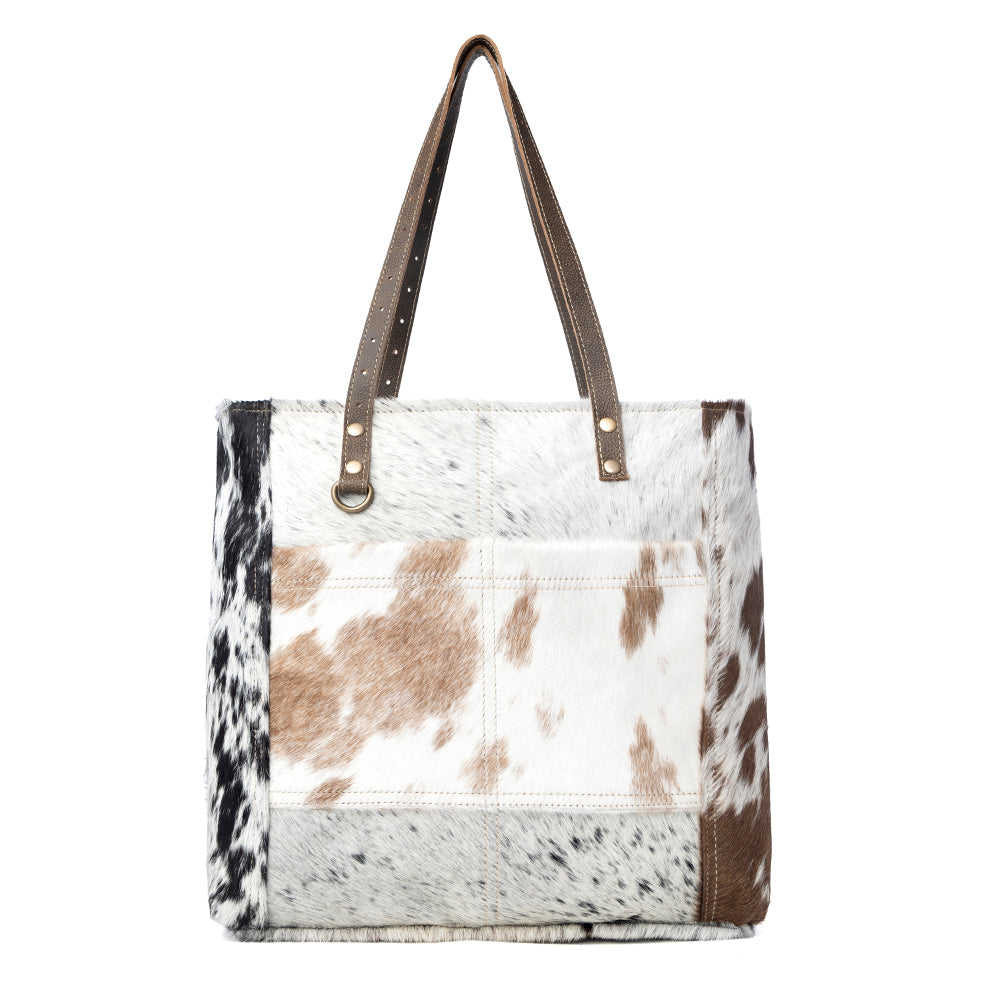 Myra Mesa Trail Patchwork Hairon Tote Bag for Women Rustic Cowhide Design, Brown Leather Handles for Everyday Utility