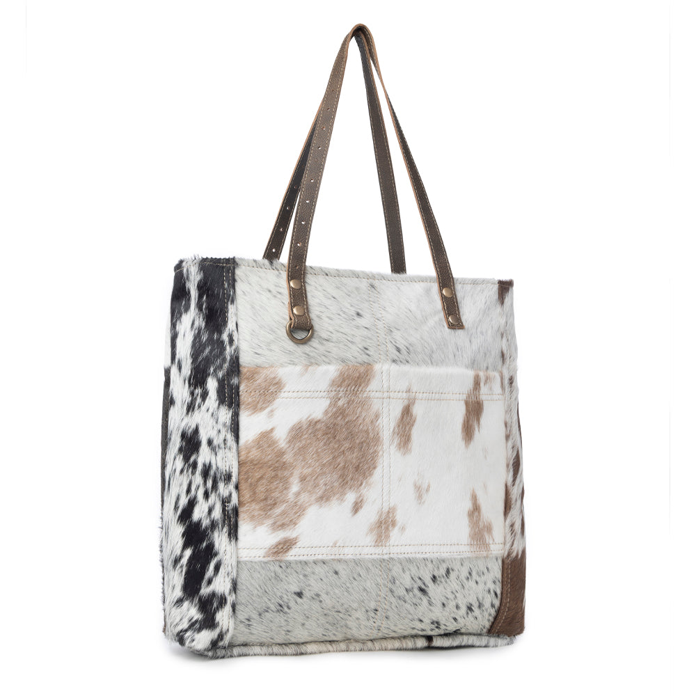 Myra Mesa Trail Patchwork Hairon Tote Bag for Women Rustic Cowhide Design, Brown Leather Handles for Everyday Utility