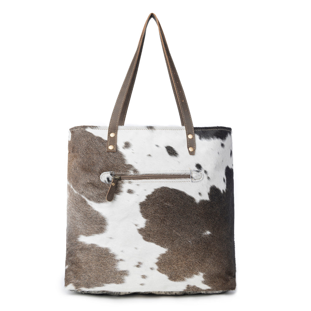 Myra Mesa Trail Patchwork Hairon Tote Bag for Women Rustic Cowhide Design, Brown Leather Handles for Everyday Utility
