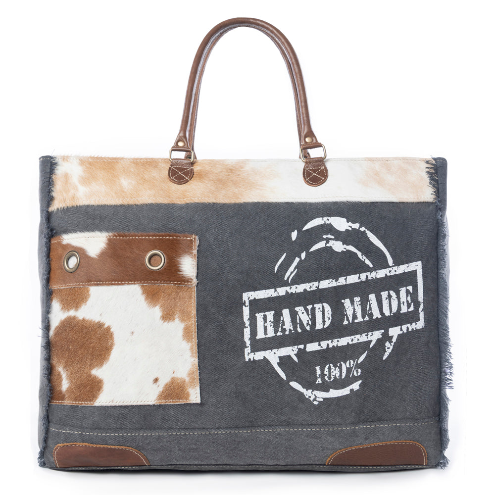 Myra Dakota Trail Hairon Leather Weekender Bag â€“ Handmade Canvas Print with Rustic Fringe Sides & Leather Handles
