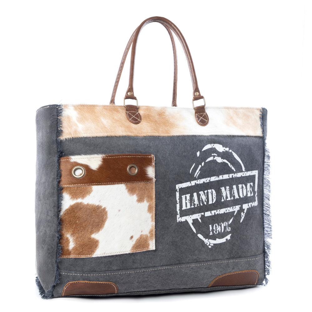 Myra Dakota Trail Hairon Leather Weekender Bag â€“ Handmade Canvas Print with Rustic Fringe Sides & Leather Handles