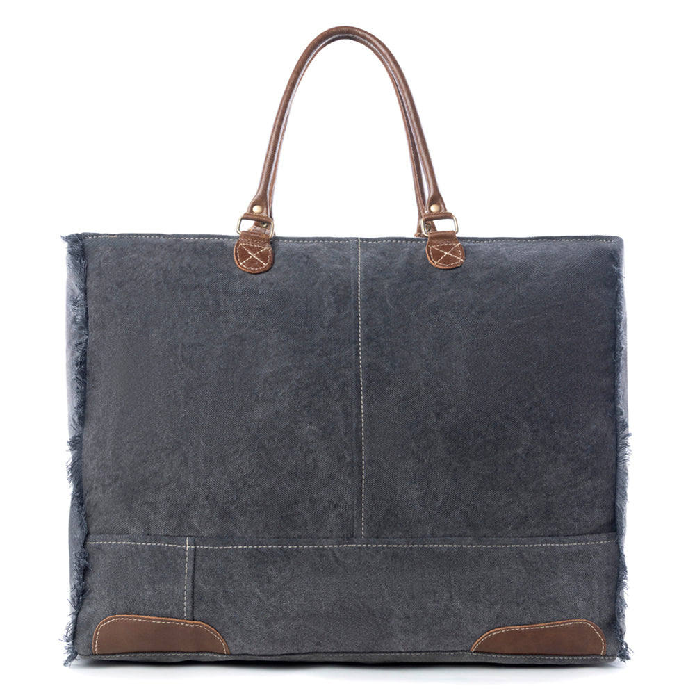 Myra Dakota Trail Hairon Leather Weekender Bag â€“ Handmade Canvas Print with Rustic Fringe Sides & Leather Handles