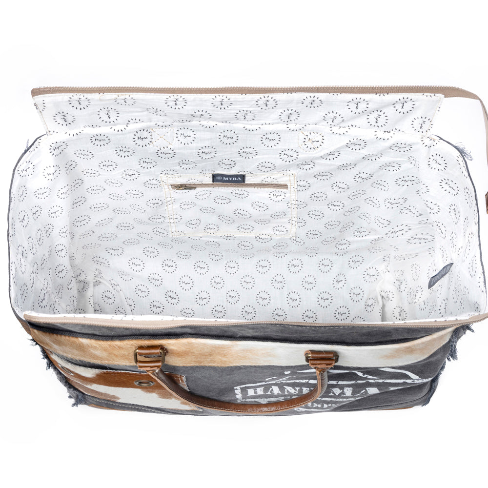 Myra Dakota Trail Hairon Leather Weekender Bag â€“ Handmade Canvas Print with Rustic Fringe Sides & Leather Handles