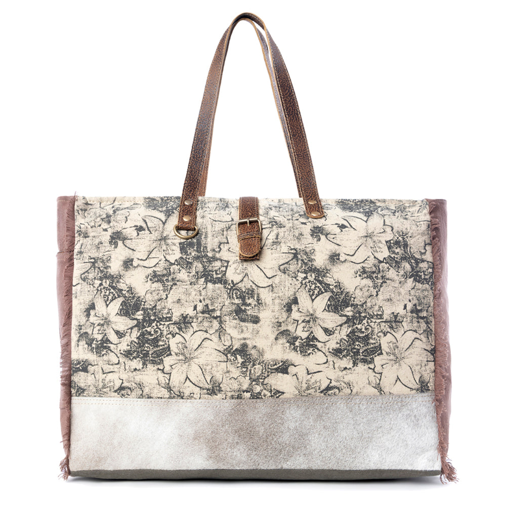 Myra Floweret Weekender Bag for Women – Floral Printed Front, Buckle Closure, Fringed Edges for Travel Chic