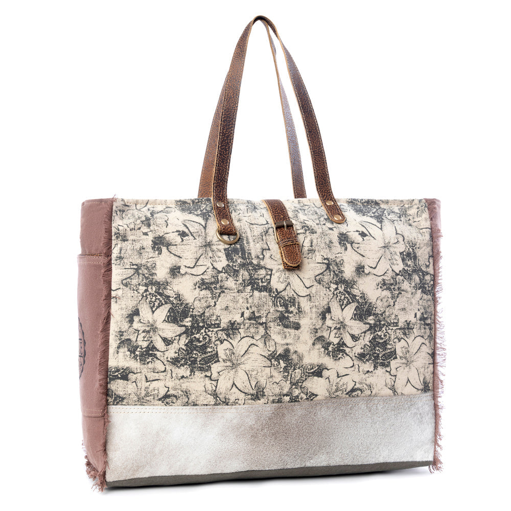 Myra Floweret Weekender Bag for Women – Floral Printed Front, Buckle Closure, Fringed Edges for Travel Chic
