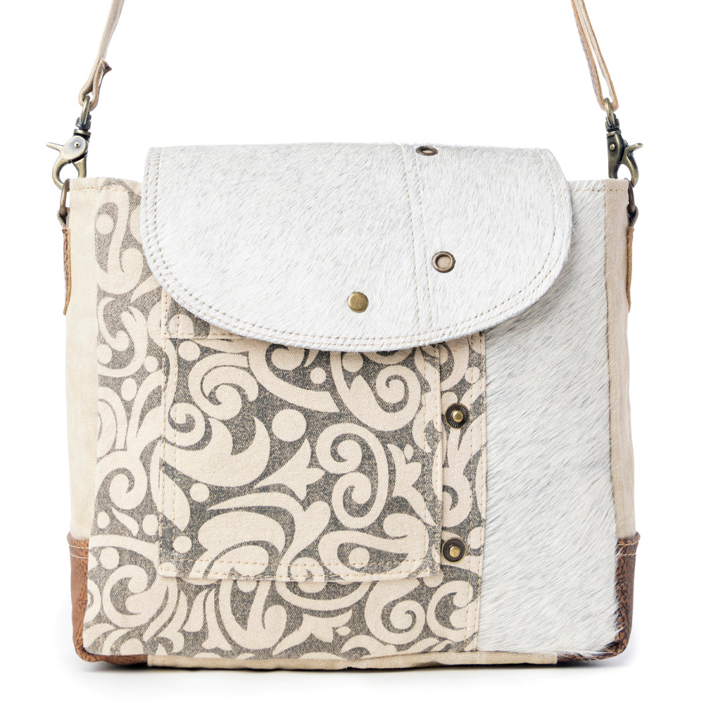Myra Factual Hairon Leather Messenger Bag â€“ Swirl Canvas, White Hairon Flap, Rustic Straps for Everyday Western Style