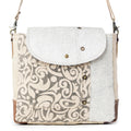 Myra Factual Hairon Leather Messenger Bag â€“ Swirl Canvas, White Hairon Flap, Rustic Straps for Everyday Western Style