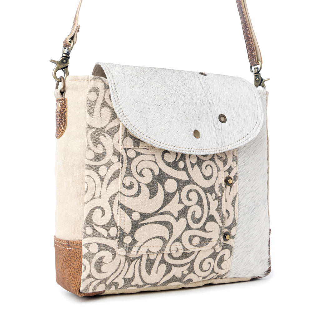 Myra Factual Hairon Leather Messenger Bag â€“ Swirl Canvas, White Hairon Flap, Rustic Straps for Everyday Western Style
