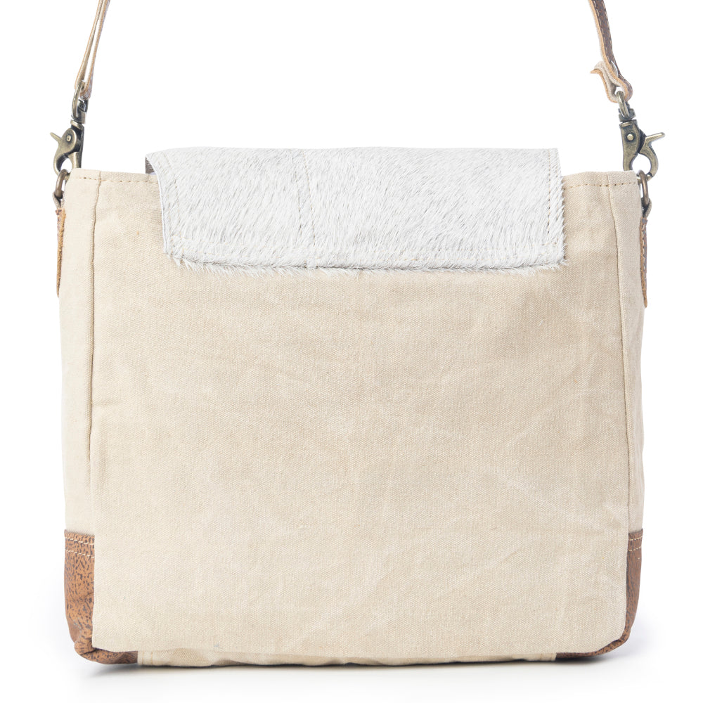 Myra Factual Hairon Leather Messenger Bag â€“ Swirl Canvas, White Hairon Flap, Rustic Straps for Everyday Western Style
