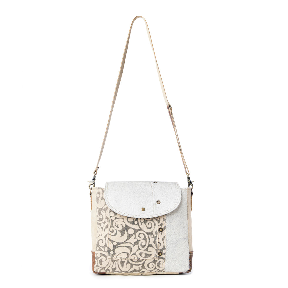 Myra Factual Hairon Leather Messenger Bag â€“ Swirl Canvas, White Hairon Flap, Rustic Straps for Everyday Western Style