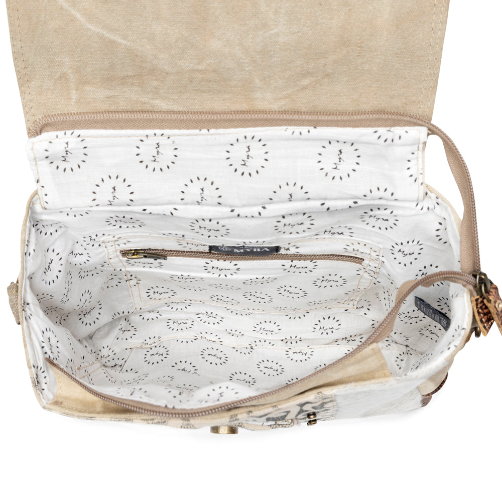 Myra Factual Hairon Leather Messenger Bag â€“ Swirl Canvas, White Hairon Flap, Rustic Straps for Everyday Western Style