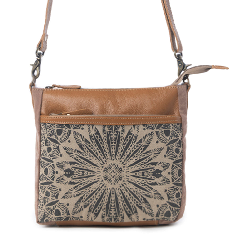 Myra Dizzy Circle Leather Shoulder Bag for Women Sunburst Floral Print, Adjustable Strap, Rustic Everyday Companion