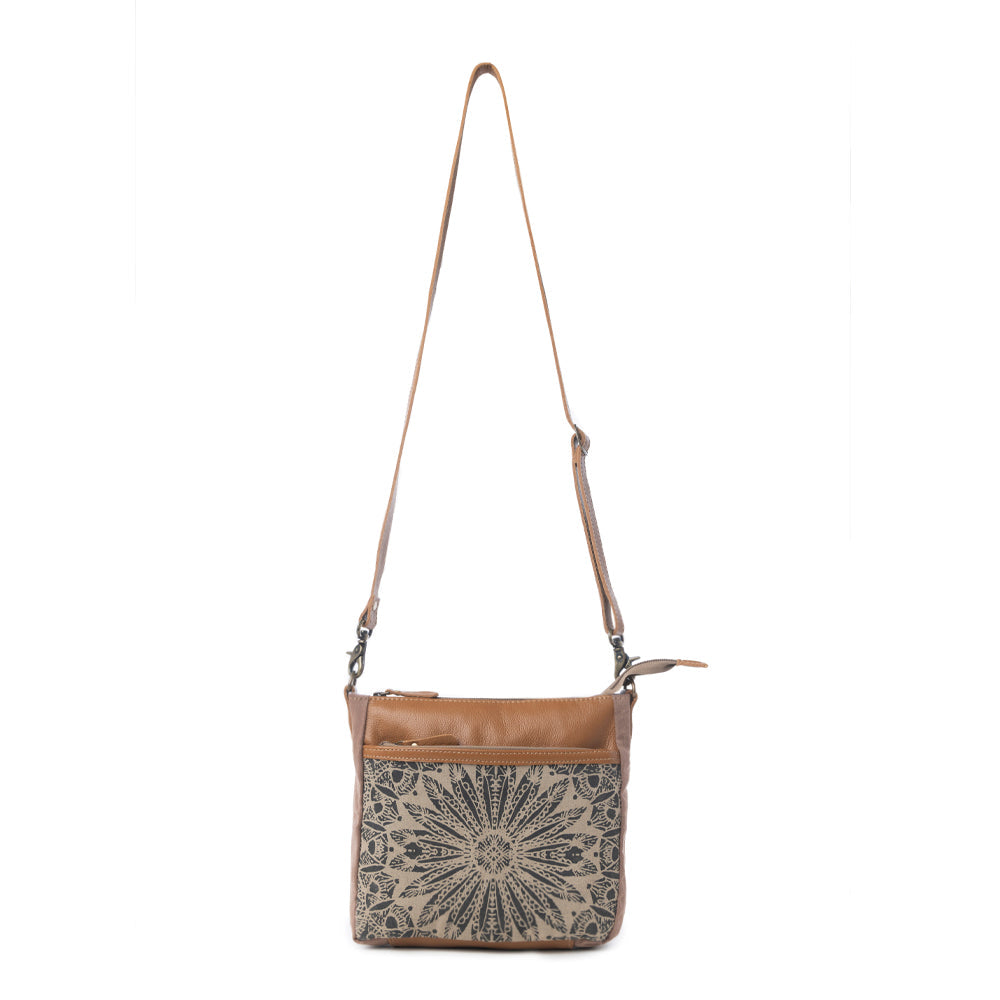 Myra Dizzy Circle Leather Shoulder Bag for Women Sunburst Floral Print, Adjustable Strap, Rustic Everyday Companion
