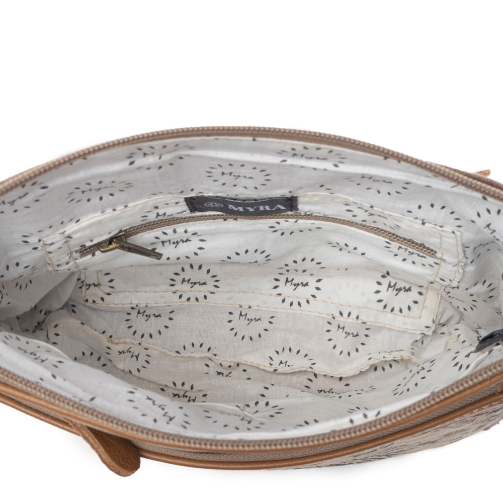 Myra Dizzy Circle Leather Shoulder Bag for Women Sunburst Floral Print, Adjustable Strap, Rustic Everyday Companion