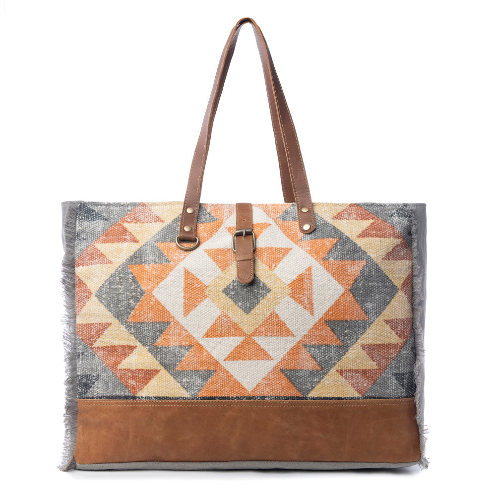 Myra Cosmopolitan Weekender Tote Bag Fringed Edges, Aztec Print Design with Buckle Flap Closure for Travel