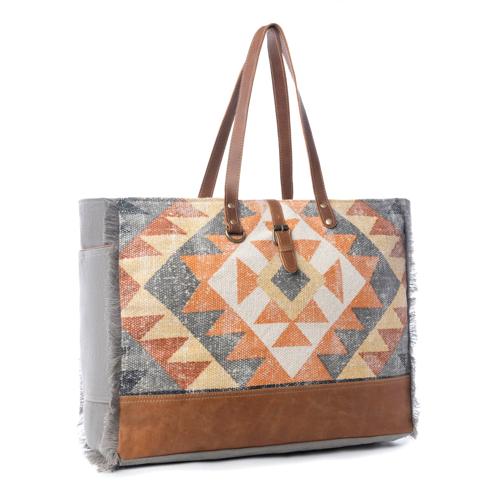 Myra Cosmopolitan Weekender Tote Bag Fringed Edges, Aztec Print Design with Buckle Flap Closure for Travel