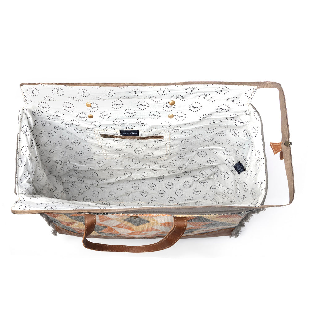 Myra Cosmopolitan Weekender Tote Bag Fringed Edges, Aztec Print Design with Buckle Flap Closure for Travel