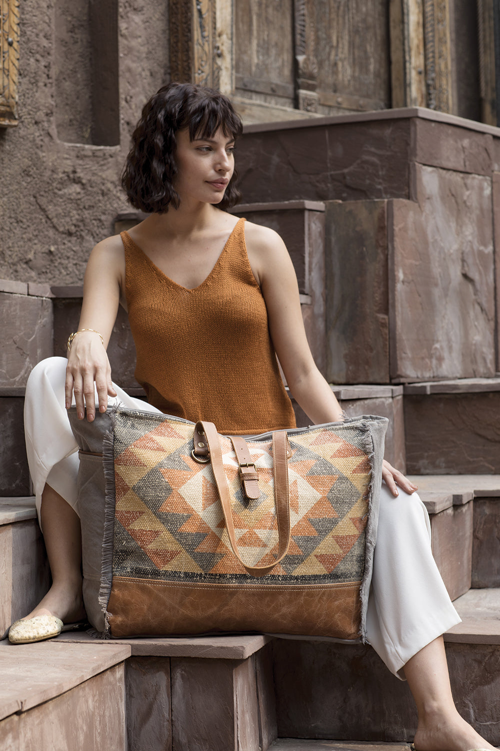 Myra Cosmopolitan Weekender Tote Bag Fringed Edges, Aztec Print Design with Buckle Flap Closure for Travel