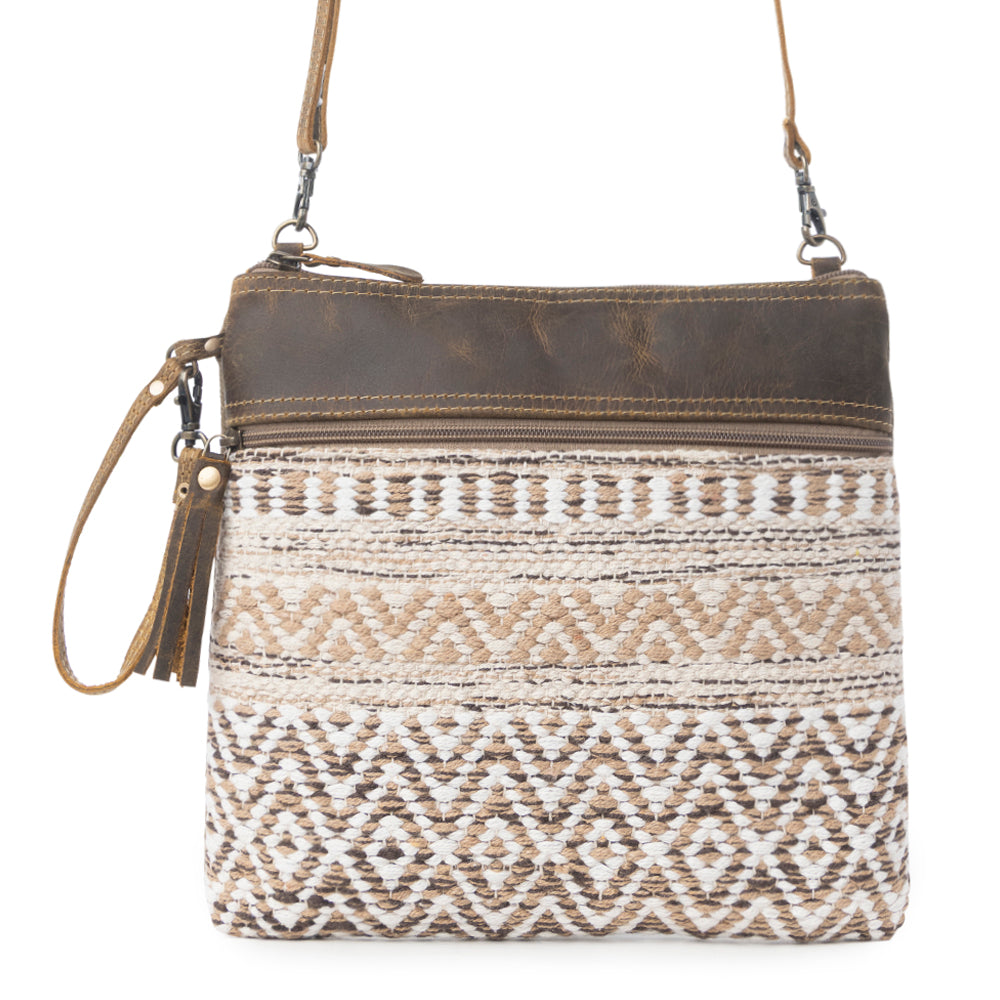 Myra Contentent Aztec Sling Bag for Women – Patterned Canvas, Brown Leather Trim, Crossbody for Everyday Western Look