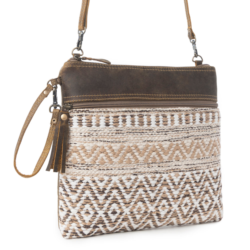 Myra Contentent Aztec Sling Bag for Women – Patterned Canvas, Brown Leather Trim, Crossbody for Everyday Western Look