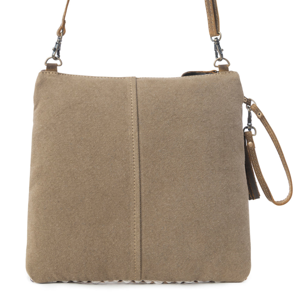Myra Contentent Aztec Sling Bag for Women – Patterned Canvas, Brown Leather Trim, Crossbody for Everyday Western Look