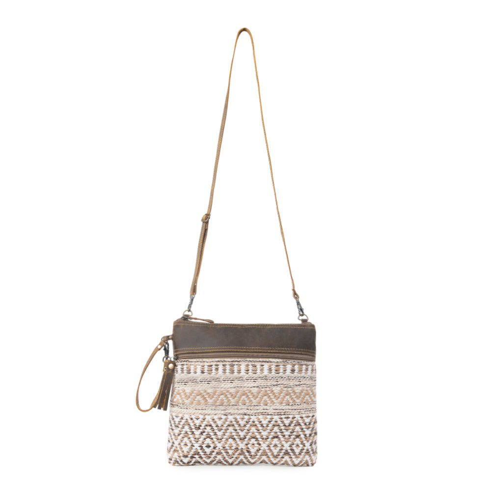 Myra Contentent Aztec Sling Bag for Women – Patterned Canvas, Brown Leather Trim, Crossbody for Everyday Western Look