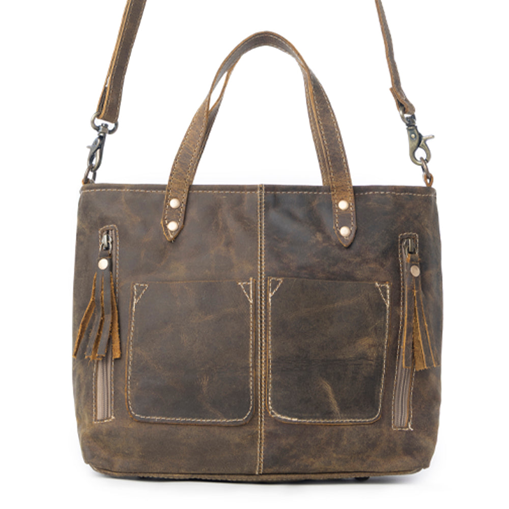 Myra Ultimate Choice Brown Suede Leather Handbag for Women Twin Top Handles, Crossbody Strap, Double Front Pockets