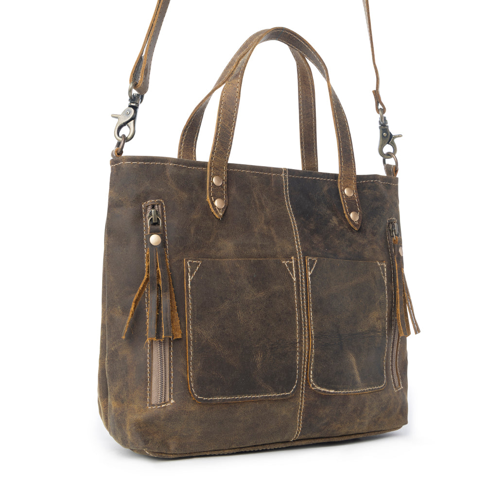 Myra Ultimate Choice Brown Suede Leather Handbag for Women Twin Top Handles, Crossbody Strap, Double Front Pockets