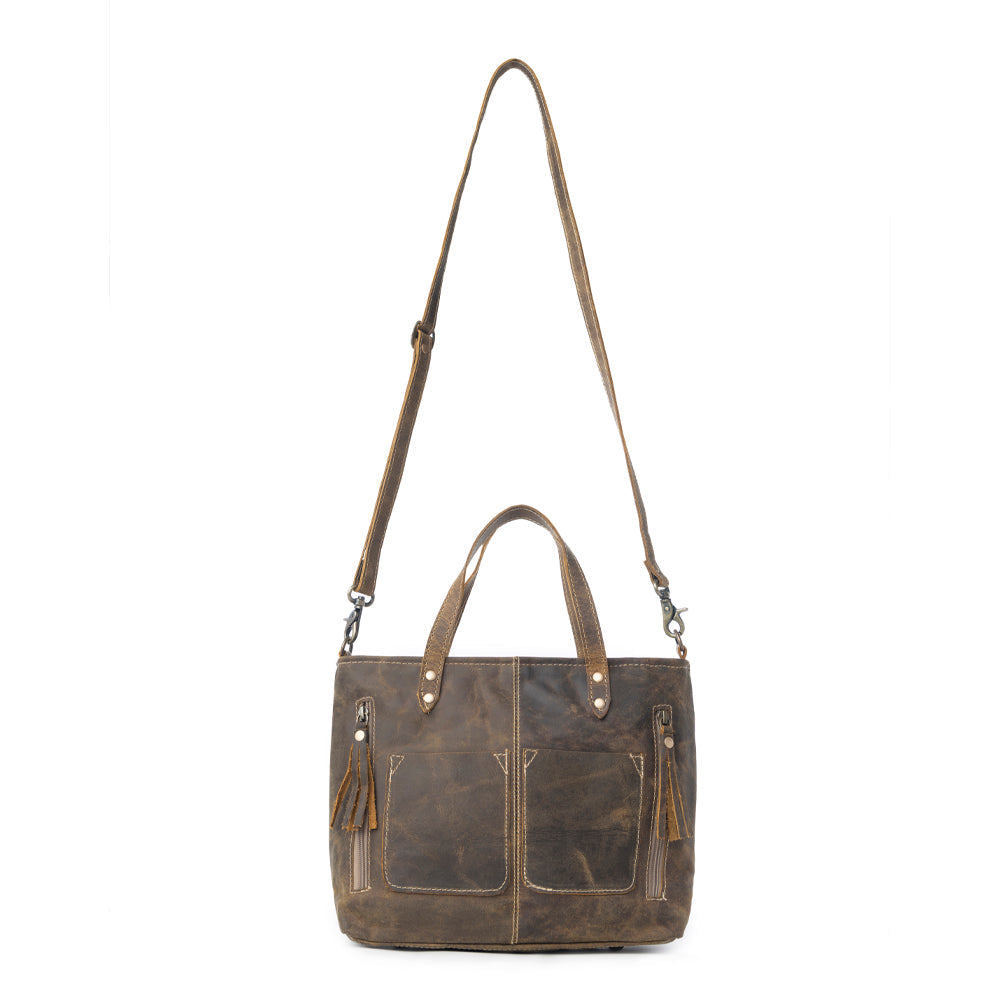 Myra Ultimate Choice Brown Suede Leather Handbag for Women Twin Top Handles, Crossbody Strap, Double Front Pockets