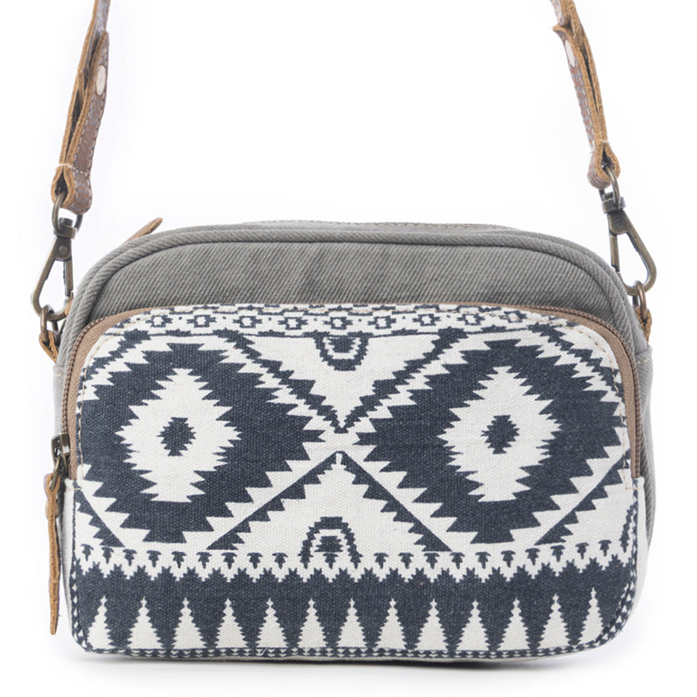 Myra Temptation Tribal Pattern Small Crossbody Bag for Women â€“ Geometric Canvas Front, Adjustable Leather Strap for Everyday Western Style