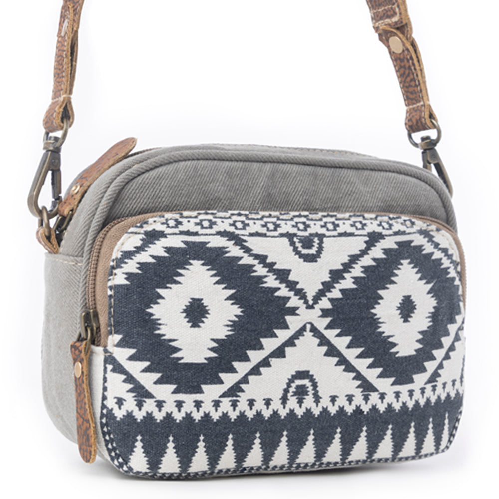 Myra Temptation Tribal Pattern Small Crossbody Bag for Women â€“ Geometric Canvas Front, Adjustable Leather Strap for Everyday Western Style