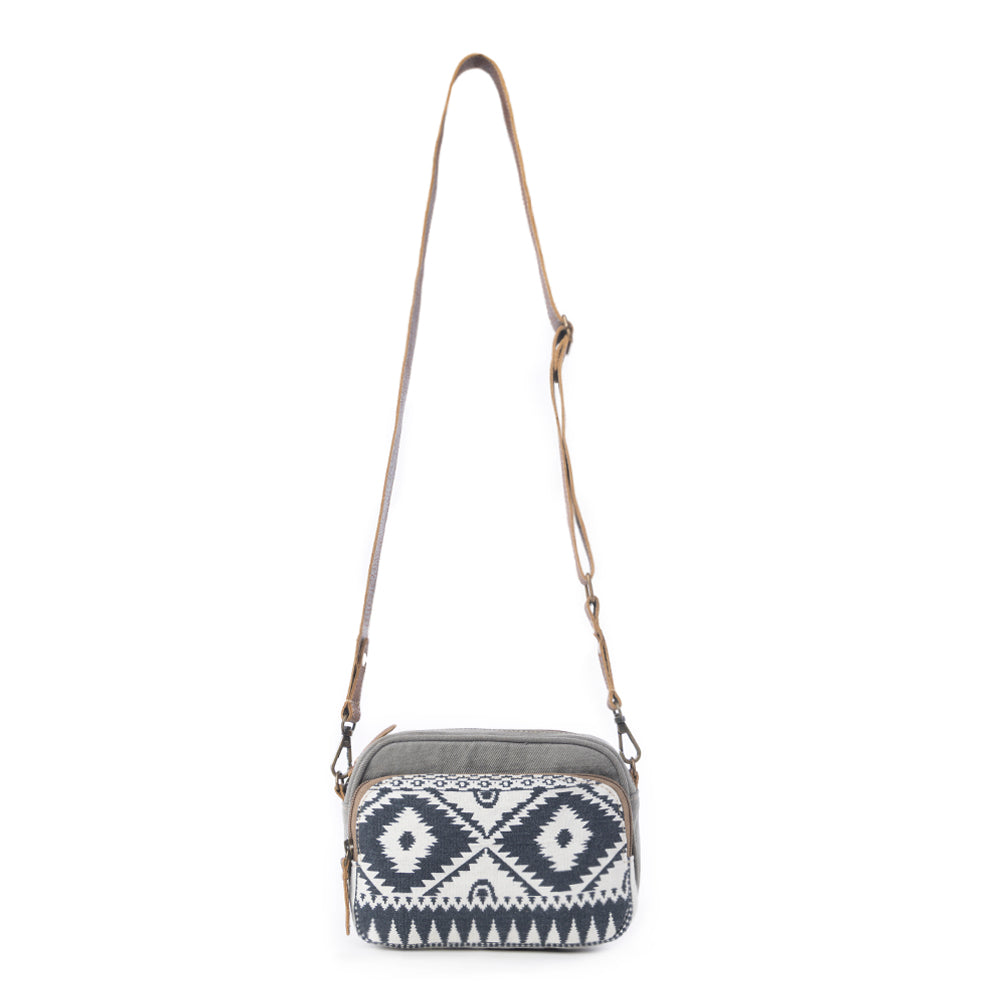 Myra Temptation Tribal Pattern Small Crossbody Bag for Women â€“ Geometric Canvas Front, Adjustable Leather Strap for Everyday Western Style