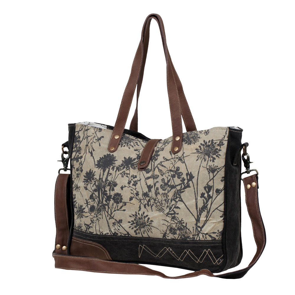 Myra Mystique Canvas Leather Messenger Bag - Dual Strap Floral Satchel with Vintage Print and Adjustable Crossbody Design