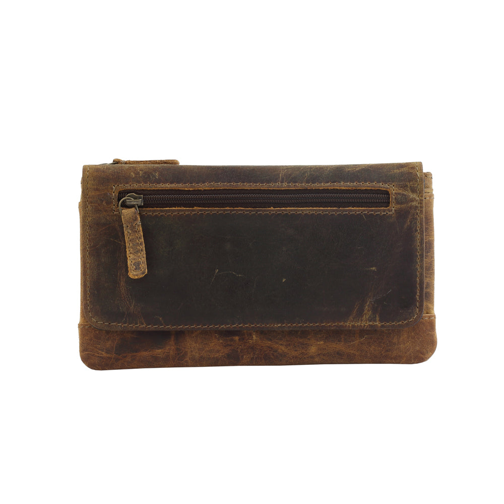 Myra Oak Fire Rustic Brown Leather Wallet - RFID-Protected Zip Pouch for Secure Cards & Cash Storage