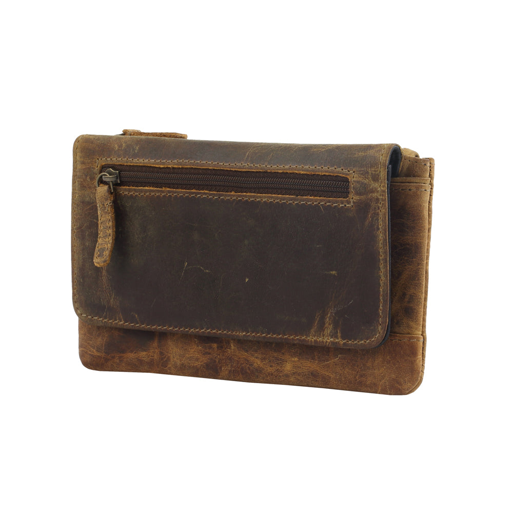 Myra Oak Fire Rustic Brown Leather Wallet - RFID-Protected Zip Pouch for Secure Cards & Cash Storage