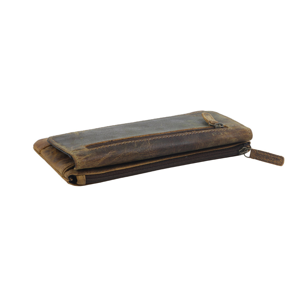 Myra Oak Fire Rustic Brown Leather Wallet - RFID-Protected Zip Pouch for Secure Cards & Cash Storage