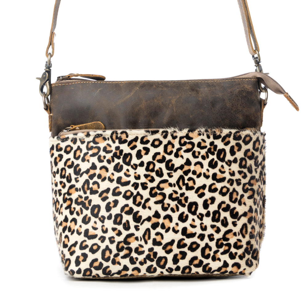 Myra Feline Hairon Leather Crossbody Bag Suede Finish, Leopard Print Front, Adjustable Strap for Everyday Chic