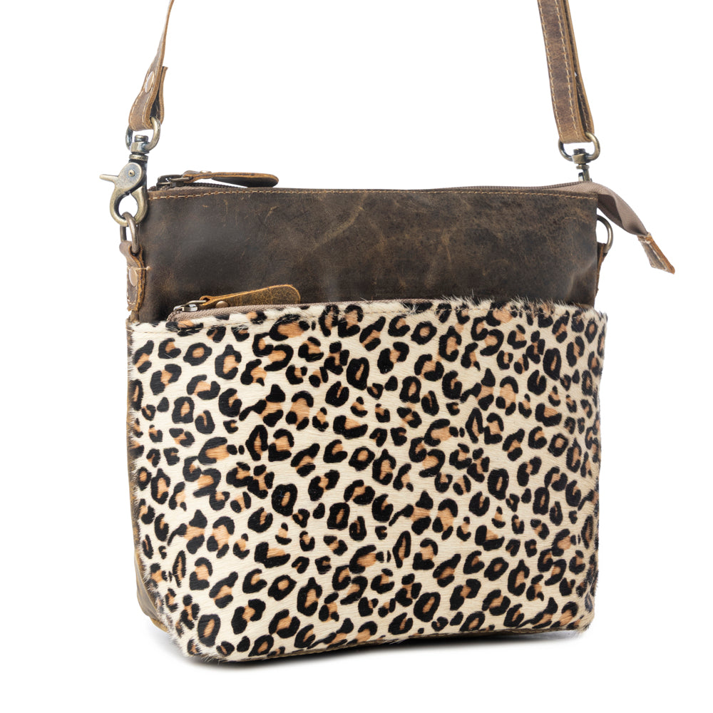 Myra Feline Hairon Leather Crossbody Bag Suede Finish, Leopard Print Front, Adjustable Strap for Everyday Chic