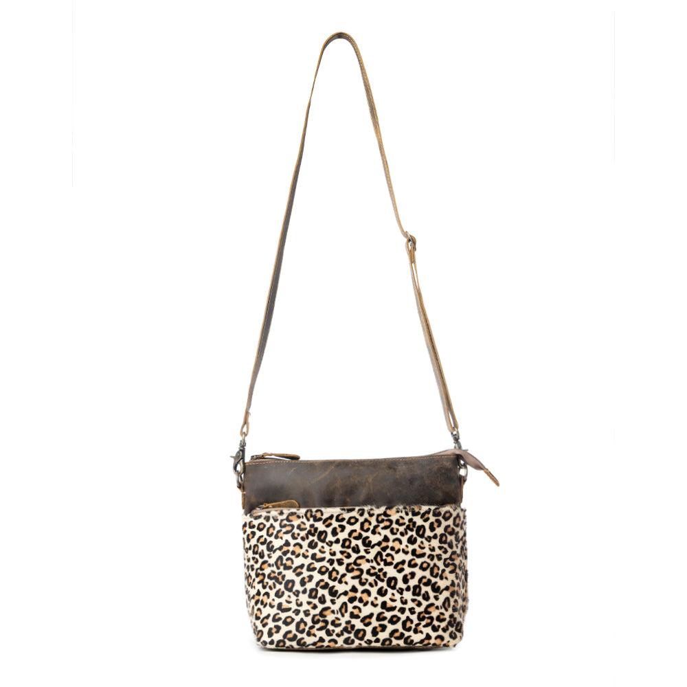 Myra Feline Hairon Leather Crossbody Bag Suede Finish, Leopard Print Front, Adjustable Strap for Everyday Chic